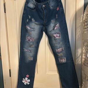 Blue Boyfriend Jeans with Distressed Floral Embroidery